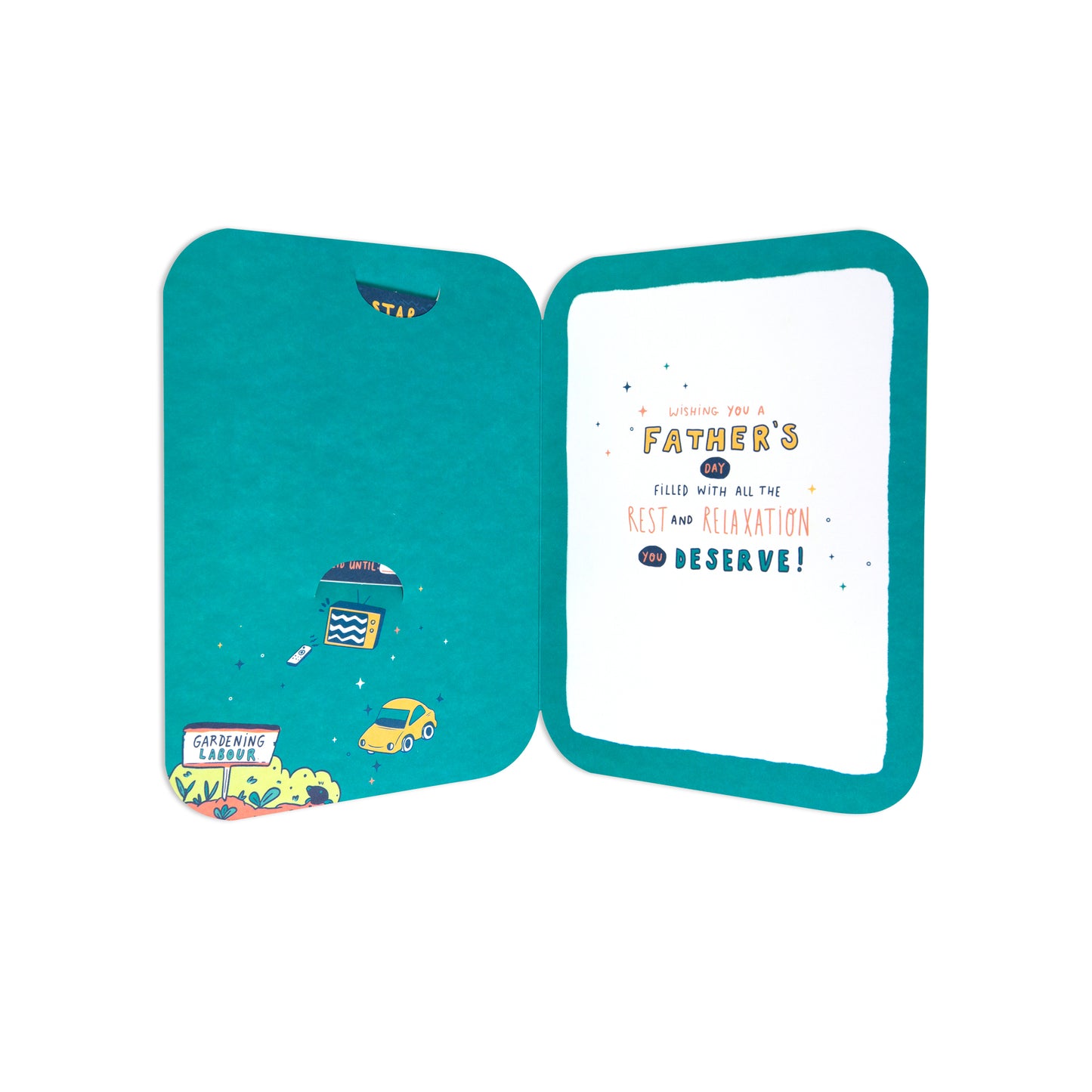 An open Father's Day greeting card with a teal border. The left side features a colorful illustration of a coffee cup, a small yellow car, and a sign reading 'FATHER'S DAY'.
