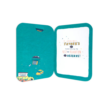 An open Father's Day greeting card with a teal border. The left side features a colorful illustration of a coffee cup, a small yellow car, and a sign reading 'FATHER'S DAY'.