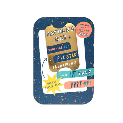A Father's Day collectible voucher card featuring a gold-colored five star treatment voucher on a navy blue background with gold speckles. The card includes colorful text and graphics, including a pink badge that says 'Available for a limited time only' and a yellow starburst that says 'Highly collectible'.
