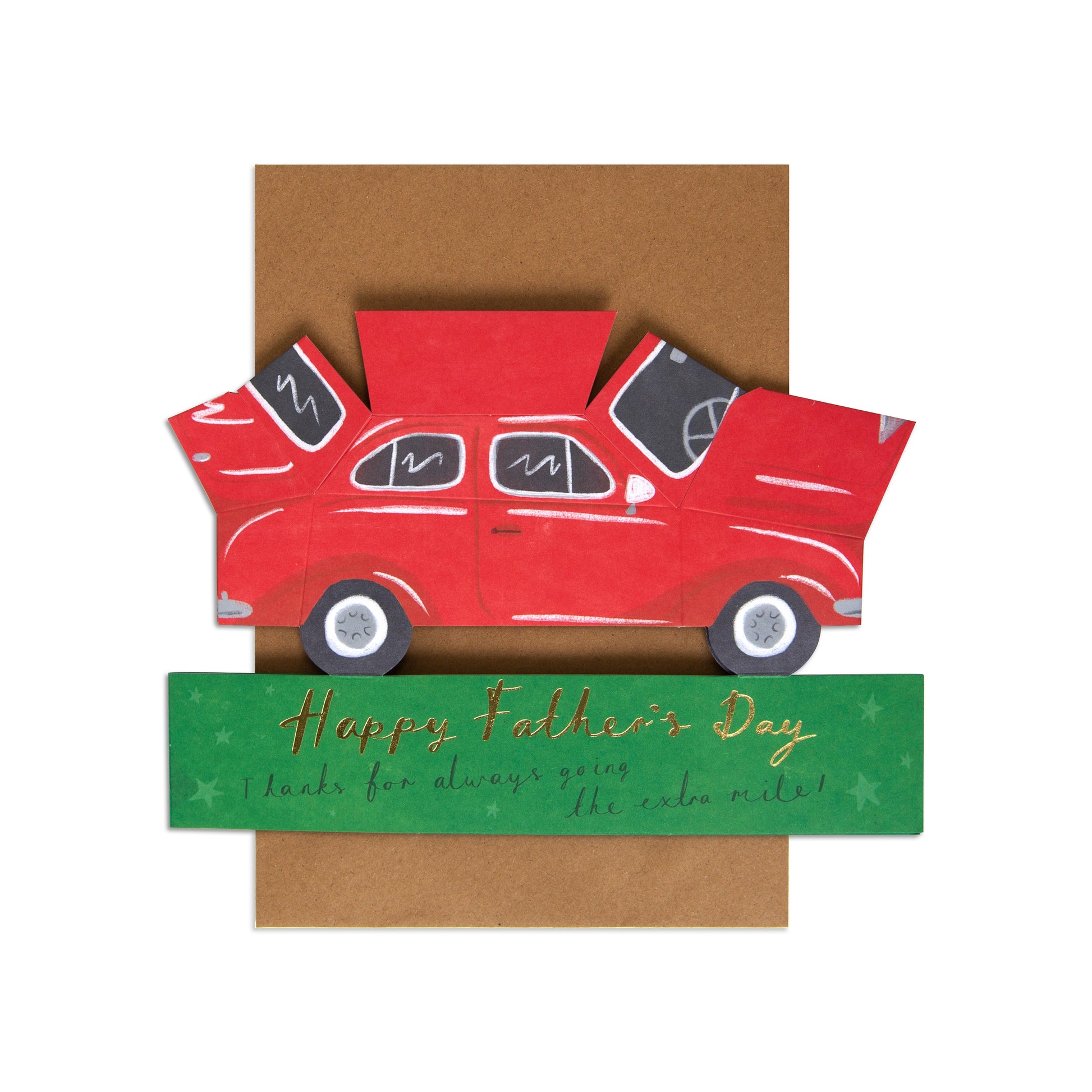 A handmade layered paper card featuring a red vintage car with its doors open, layered over a brown envelope-like backing and a green banner that reads 'Happy Father's Day thanks for always giving me the cold-shoulder.'.