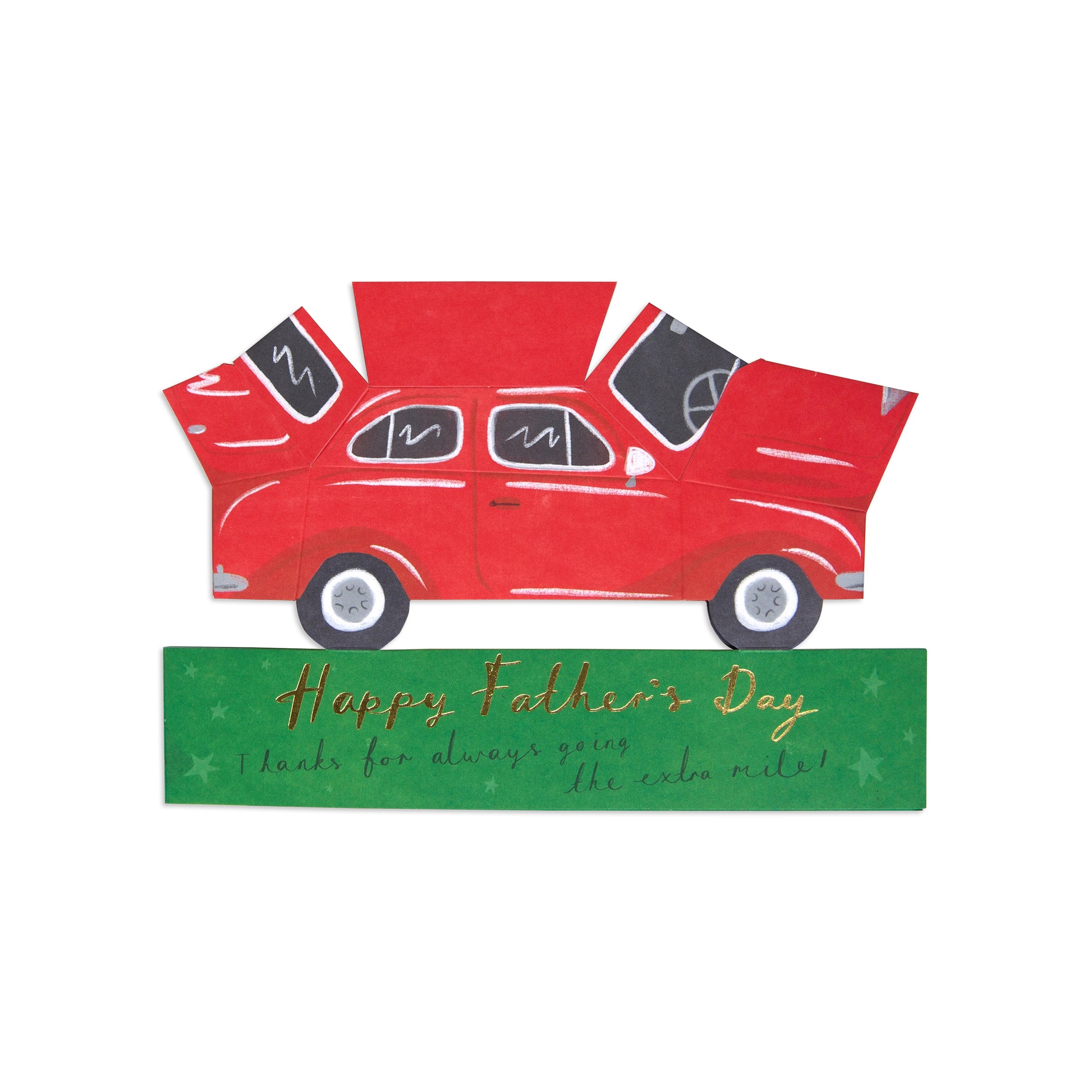 A decorative Father's Day card featuring a red vintage car with open trunk and hood, above a green banner that reads 'Happy Father's Day thanks for always giving the extra mile!' on a plain white background.
