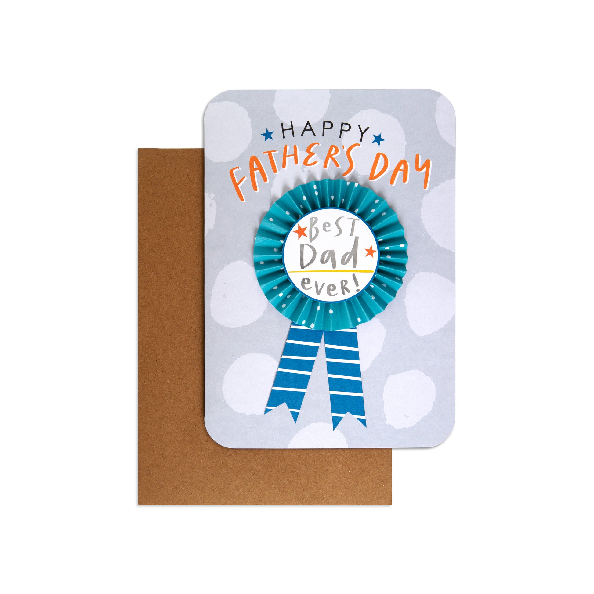 Dad Opn 250 Father's Day card featuring a blue rosette and festive polka dot design, flat lay with brown envelope.