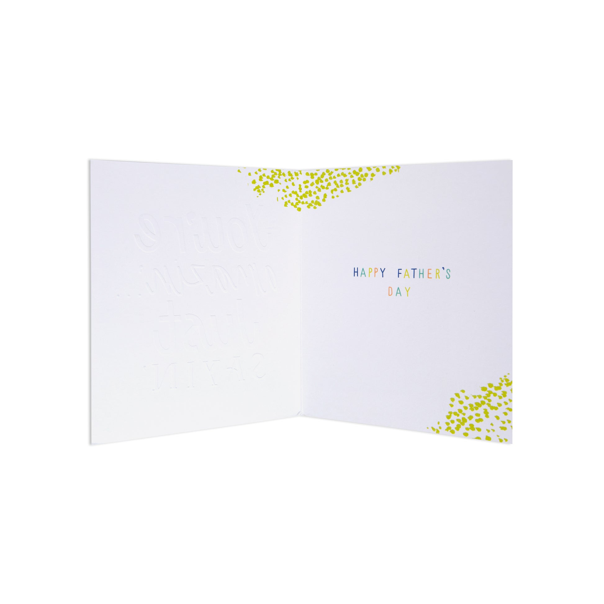 An open white Father's Day greeting card with small multicolored text reading 'HAPPY FATHER'S DAY' and yellow-green confetti accents near the top and bottom corners, shown on a plain white background.