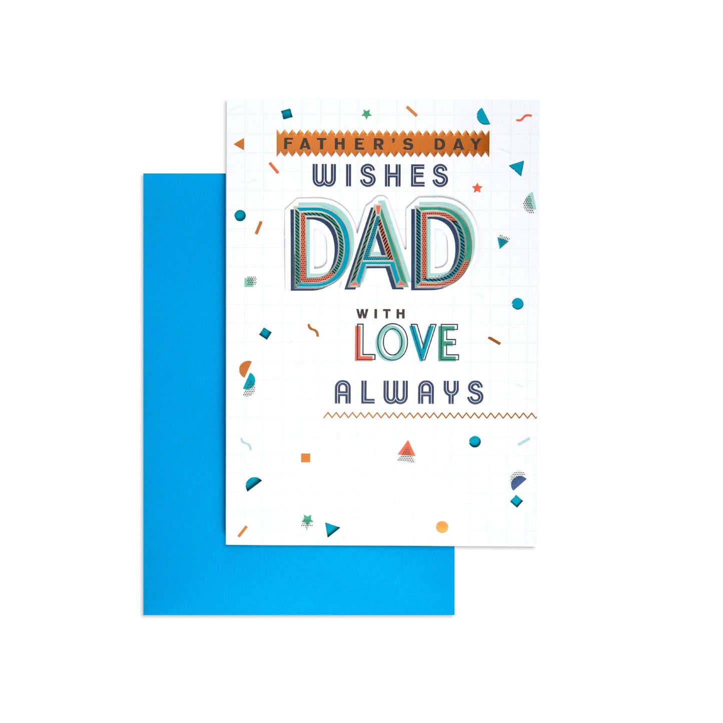 Hallmark Father's Day Card - With Love Always featuring colourful text on a white background with a blue envelope, flat lay view.
