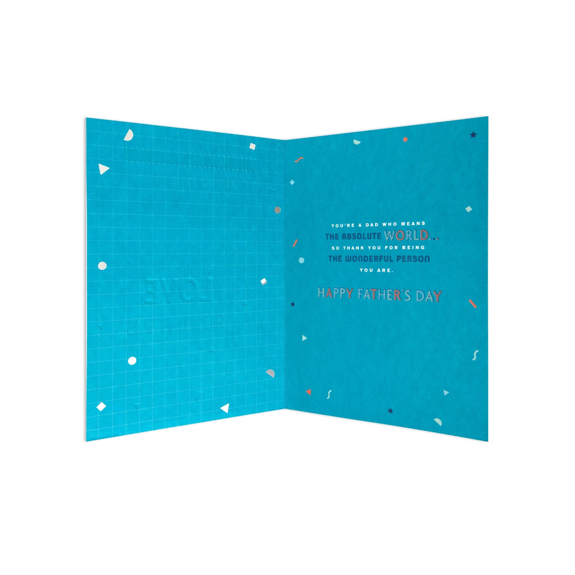 Hallmark Father's Day Card - With Love Always, vibrant blue interior with heartfelt message, confetti accents, open view
