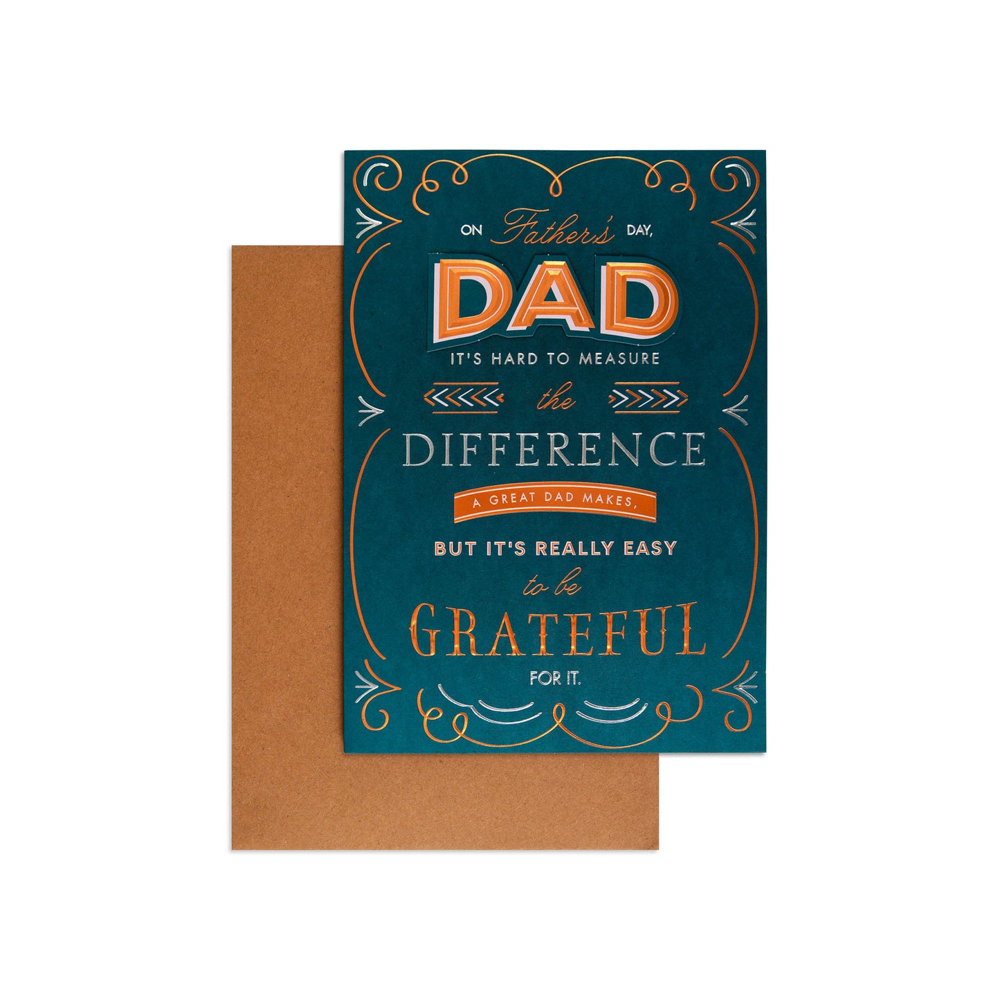 A Father's Day greeting card with a teal-blue background and orange and white decorative typography, shown with a brown envelope behind it on a light gray background.