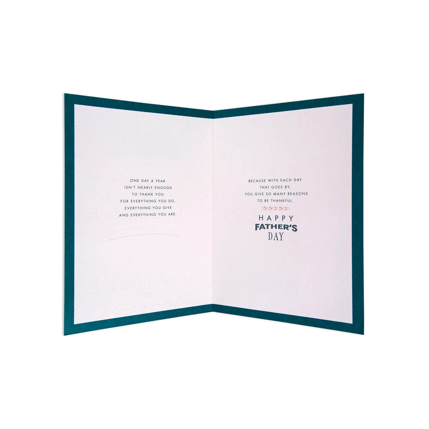 An open Father's Day greeting card with a dark teal border and white interior pages featuring short inspirational text and the words 'HAPPY FATHER'S DAY' in dark teal and light pink.