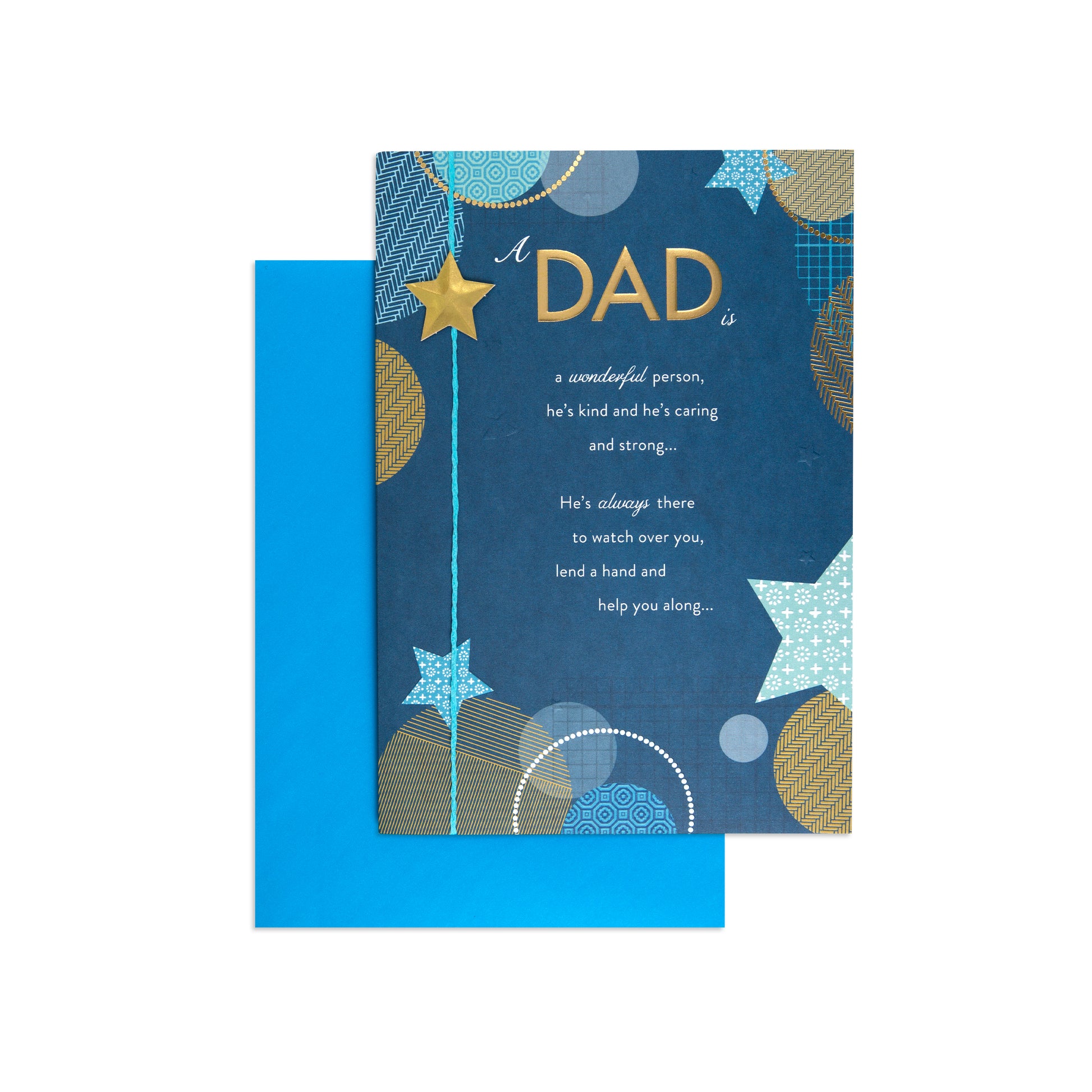 A Father's Day greeting card with a blue patterned cover featuring gold and light blue stars, circles, and the text 'A DAD is a wonderful person.