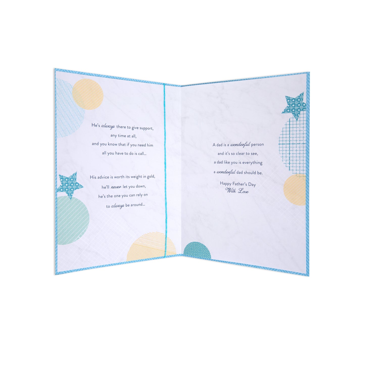 An open three-panel Father's Day card with a white crumpled-paper style background and light blue stitched borders. The left panel has a blue star and pastel yellow and blue circles, with a short message on the right panel.