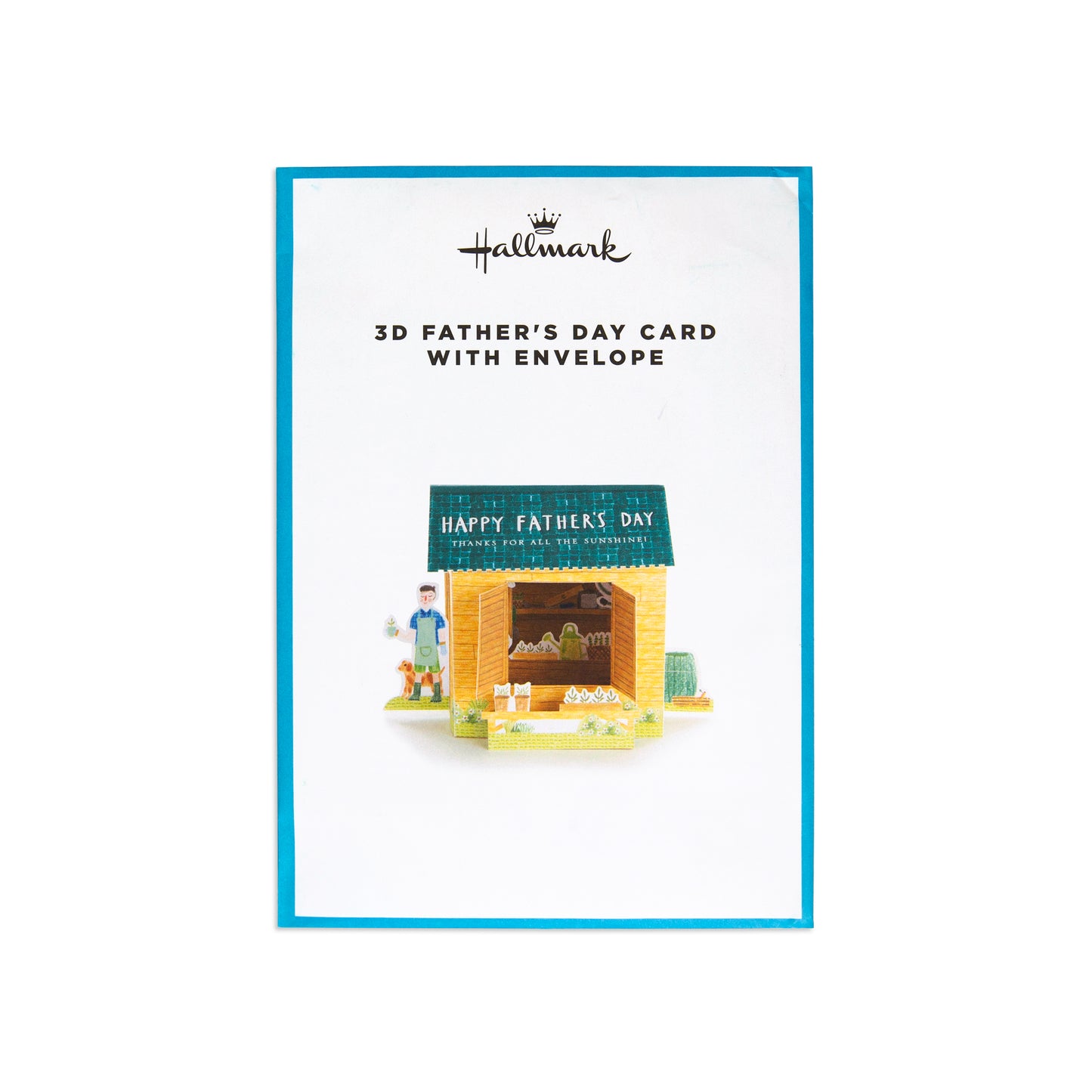 Hallmark 3D Father's Day card with envelope, featuring a small illustrated market stall and a blue border on a white card.