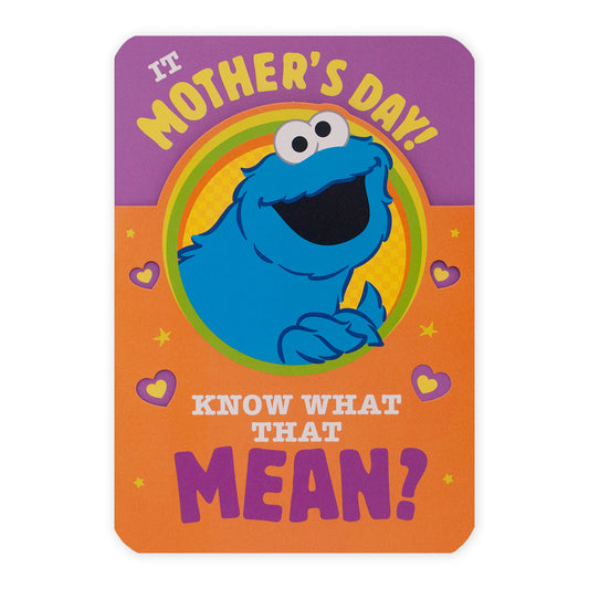 Hallmark Sesame Street Mother's Day card - Cookie Monster with colourful design, featuring smiling Cookie Monster and hearts.