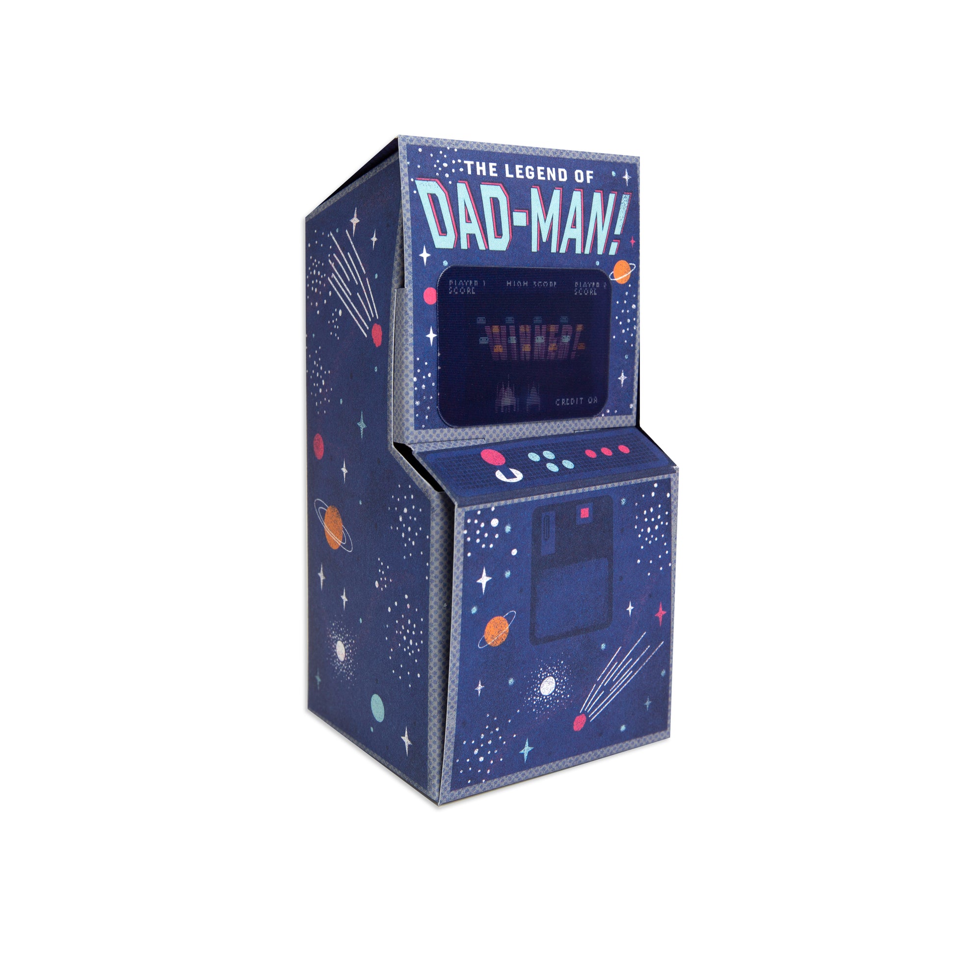 A retro-style arcade machine cabinet titled 'The Legend of Dad-Man!' with a dark blue space-themed exterior decorated with stars, planets, and shooting stars, shown on a plain white background.