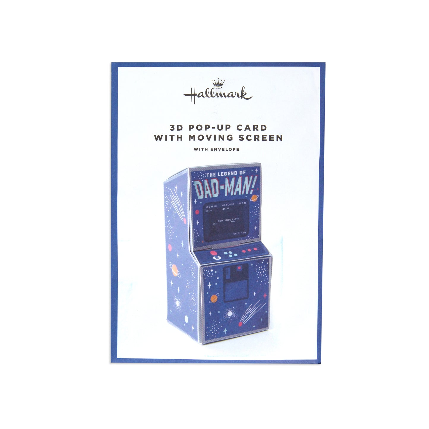 Hallmark 3D pop-up card featuring a retro arcade machine design with 'The Legend of Dad-Man!' on a white background with a blue border.