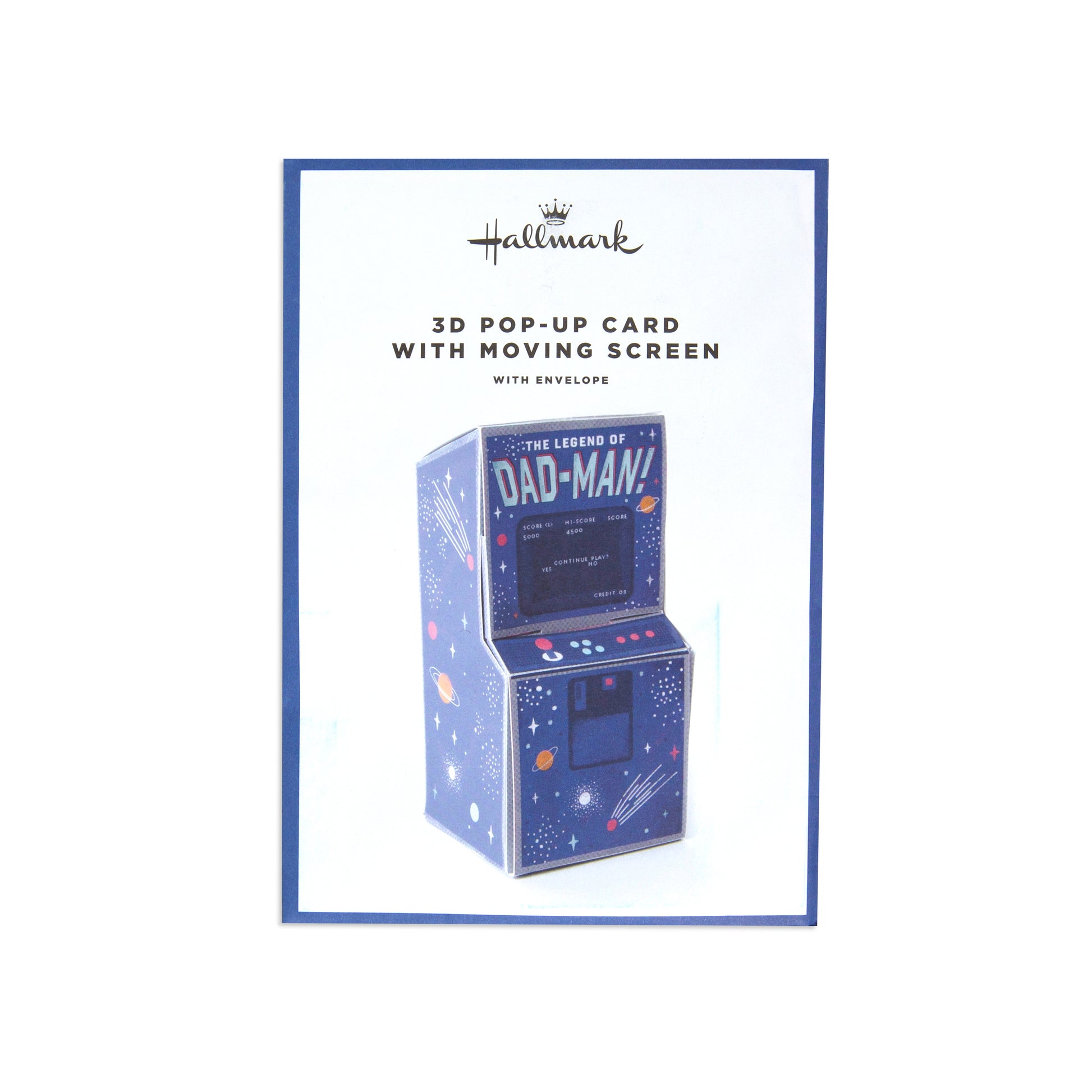Hallmark 3D pop-up card featuring a retro arcade machine design with 'The Legend of Dad-Man!' on a white background with a blue border.