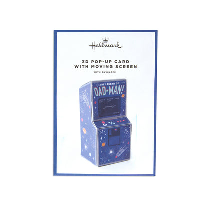 Hallmark 3D pop-up card featuring a retro arcade machine design with 'The Legend of Dad-Man!' on a white background with a blue border.