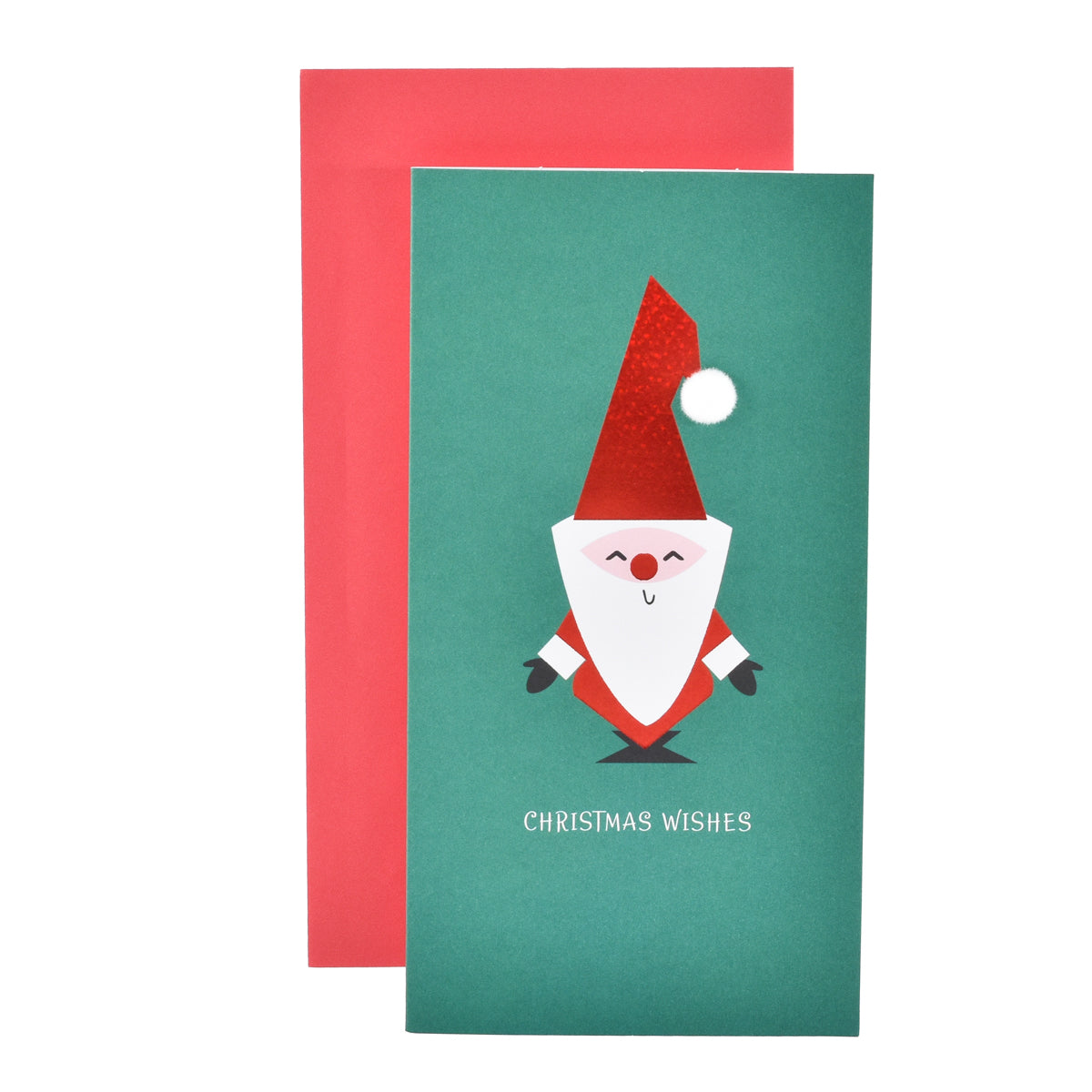Wallet Gen Cute Santa Green, festive greeting card featuring a cute Santa character, vibrant green background, flat lay view.