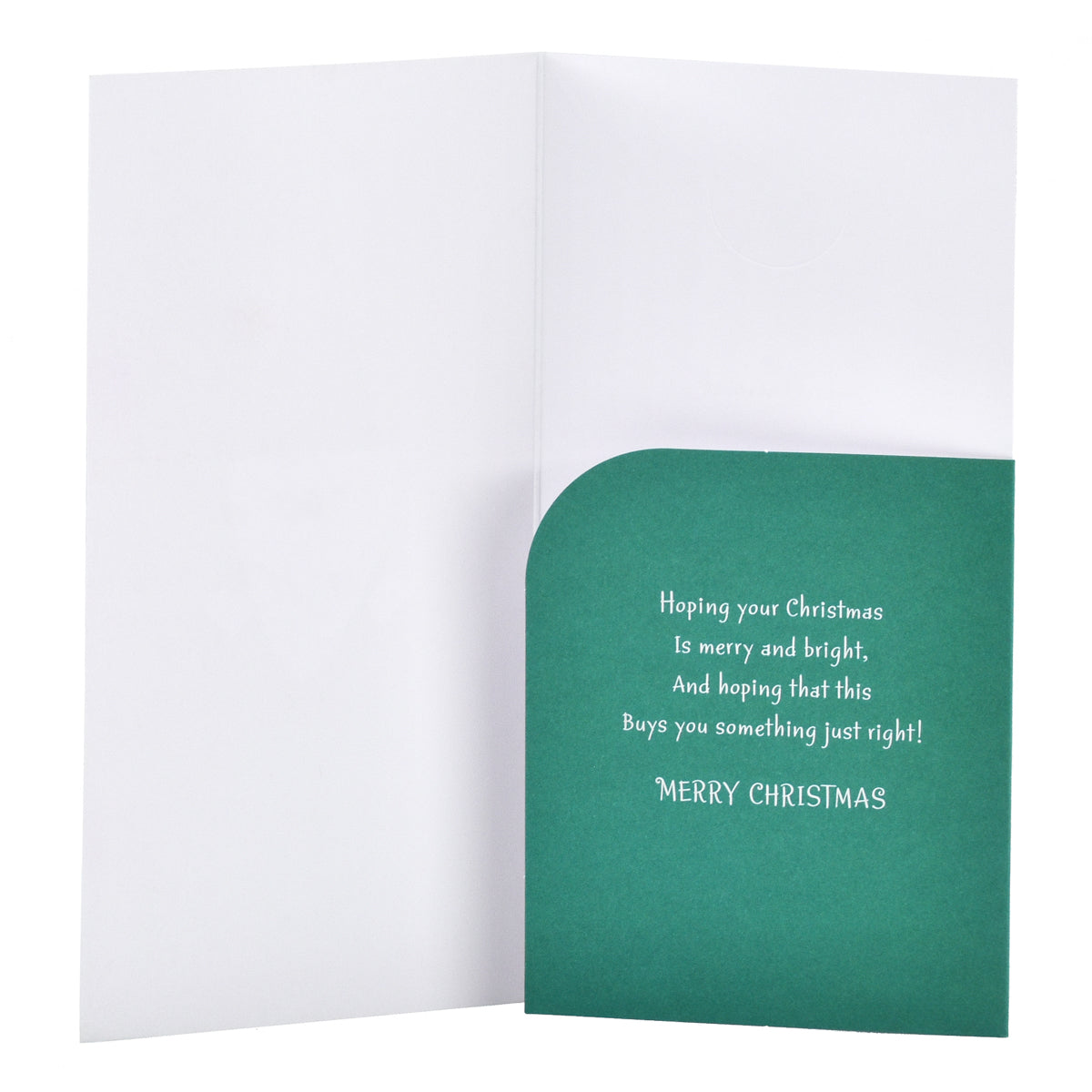 Wallet Gen Cute Santa Green with an inside message wishing a bright Christmas, displayed open to show card detail.