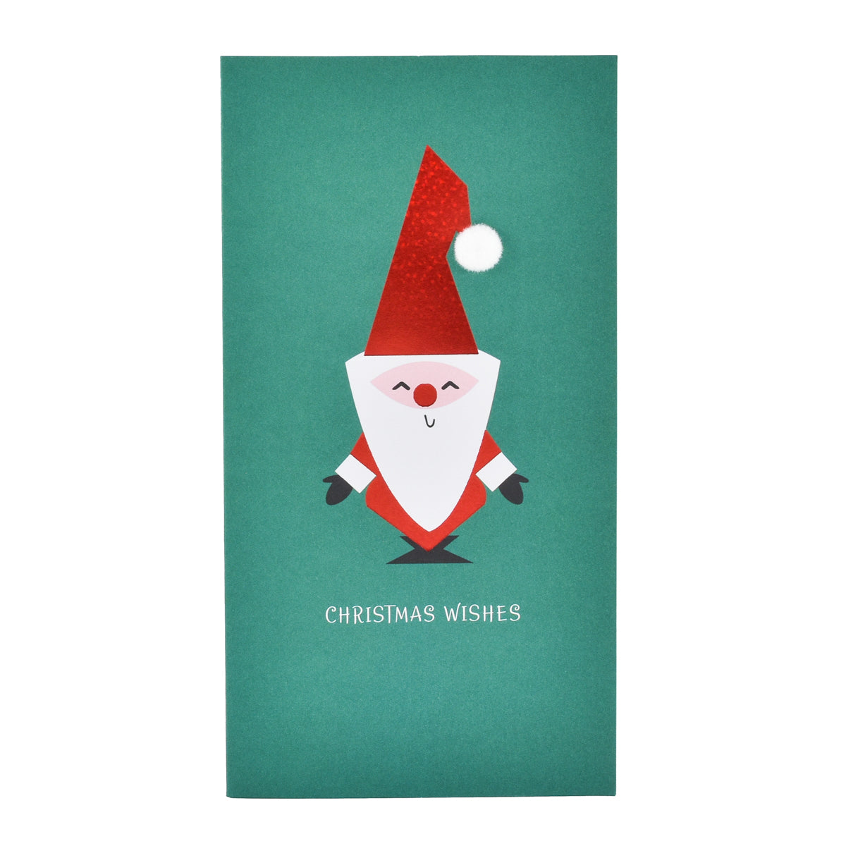 Wallet Gen Cute Santa Green featuring a playful Santa graphic with a glittery hat and a cheerful expression on a green background.