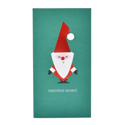 Wallet Gen Cute Santa Green featuring a playful Santa graphic with a glittery hat and a cheerful expression on a green background.