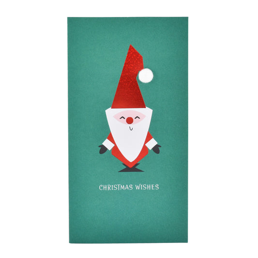 Wallet Gen Cute Santa Green featuring a playful Santa graphic with a glittery hat and a cheerful expression on a green background.