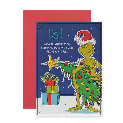 Dad Open 075 greeting card featuring the Grinch decorating a Christmas tree, with a red envelope, festive illustration.
