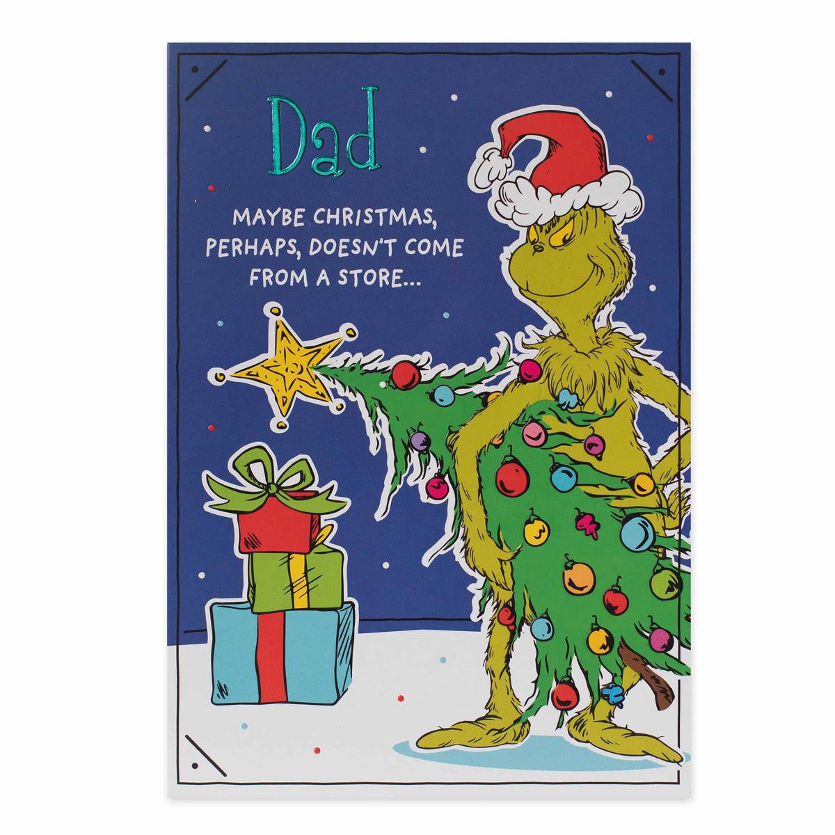 Dad Open 075 greeting card featuring the Grinch wearing a Santa hat and a Christmas tree in a festive scene with presents.