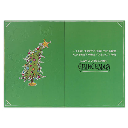 Dad Open 075 greeting card featuring a cartoon-style Christmas tree and festive message, flat lay view.