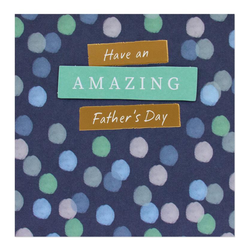 Hallmark Father's Day Card - Amazing Father's Day with blue and green spot illustrations on navy background, focused on 3D plaque details.
