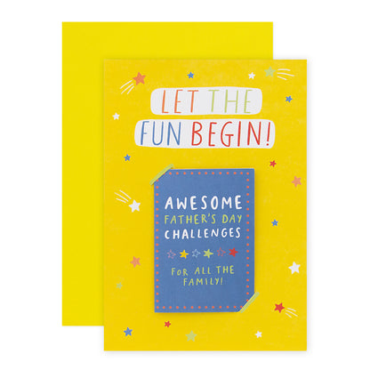 Hallmark Father's Day Card - Let The Fun Begin (Keepsake Activity) featuring bright yellow design with colourful stars and detachable activity booklet.