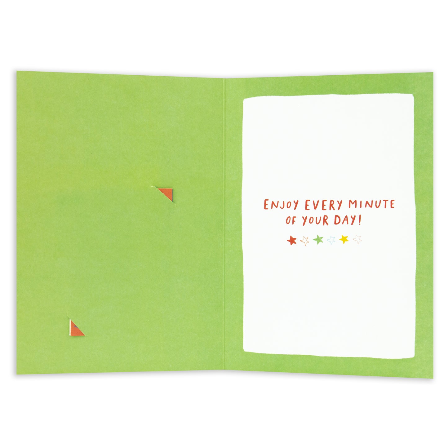 Hallmark Father's Day Card - Let The Fun Begin (Keepsake Activity) showing the inside with green background, colourful triangles and a message saying 'Enjoy every minute of your day!'.