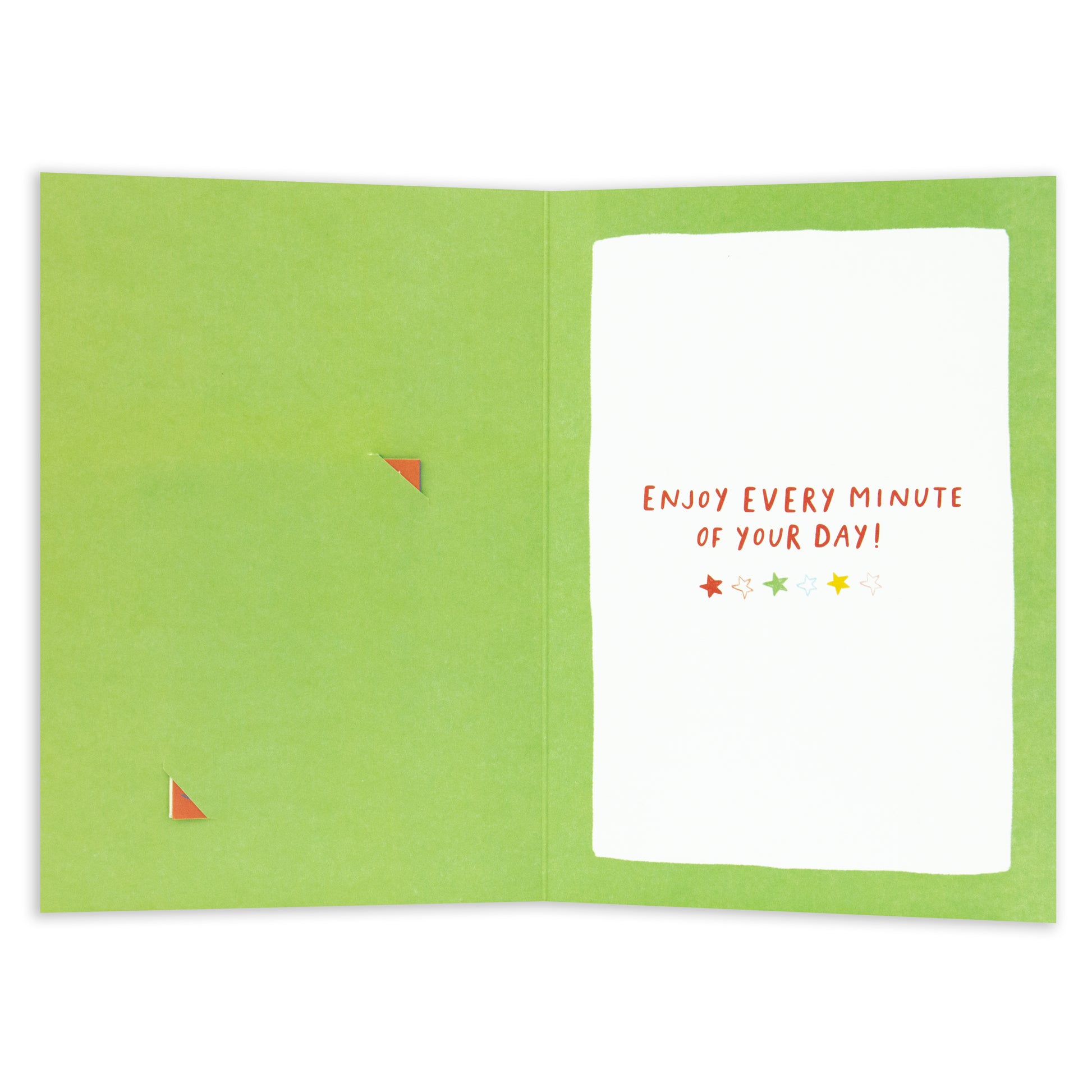 Hallmark Father's Day Card - Let The Fun Begin (Keepsake Activity) showing the inside with green background, colourful triangles and a message saying 'Enjoy every minute of your day!'.