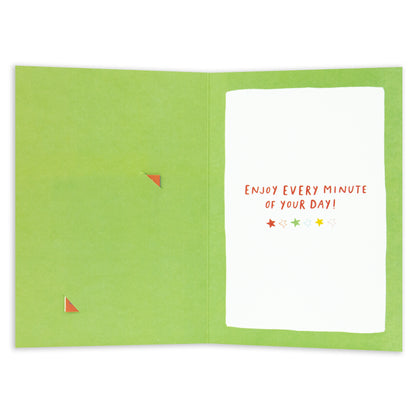 Hallmark Father's Day Card - Let The Fun Begin (Keepsake Activity) showing the inside with green background, colourful triangles and a message saying 'Enjoy every minute of your day!'.