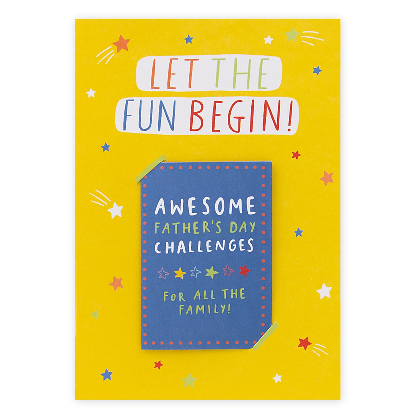 Hallmark Father's Day Card - Let The Fun Begin (Keepsake Activity) featuring colourful stars and a detachable activity booklet in a flat lay design.