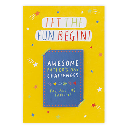 Hallmark Father's Day Card - Let The Fun Begin (Keepsake Activity) featuring colourful stars and a detachable activity booklet in a flat lay design.