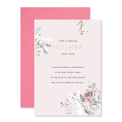 Hallmark Mother's Day Card - For a special Mother with love, featuring floral design and gold foil on a pink background.