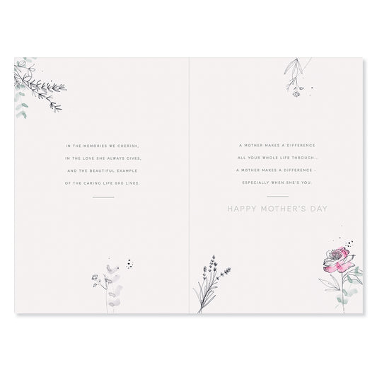 Hallmark Mother's Day Card - For a special Mother with love, open flat view, displaying floral accents and heartfelt messages.