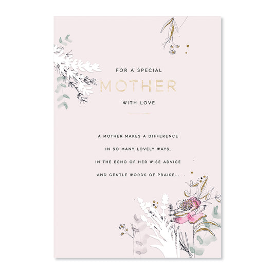 Hallmark Mother's Day Card - For a special Mother with love, featuring floral designs and gold foil on a pastel pink background.