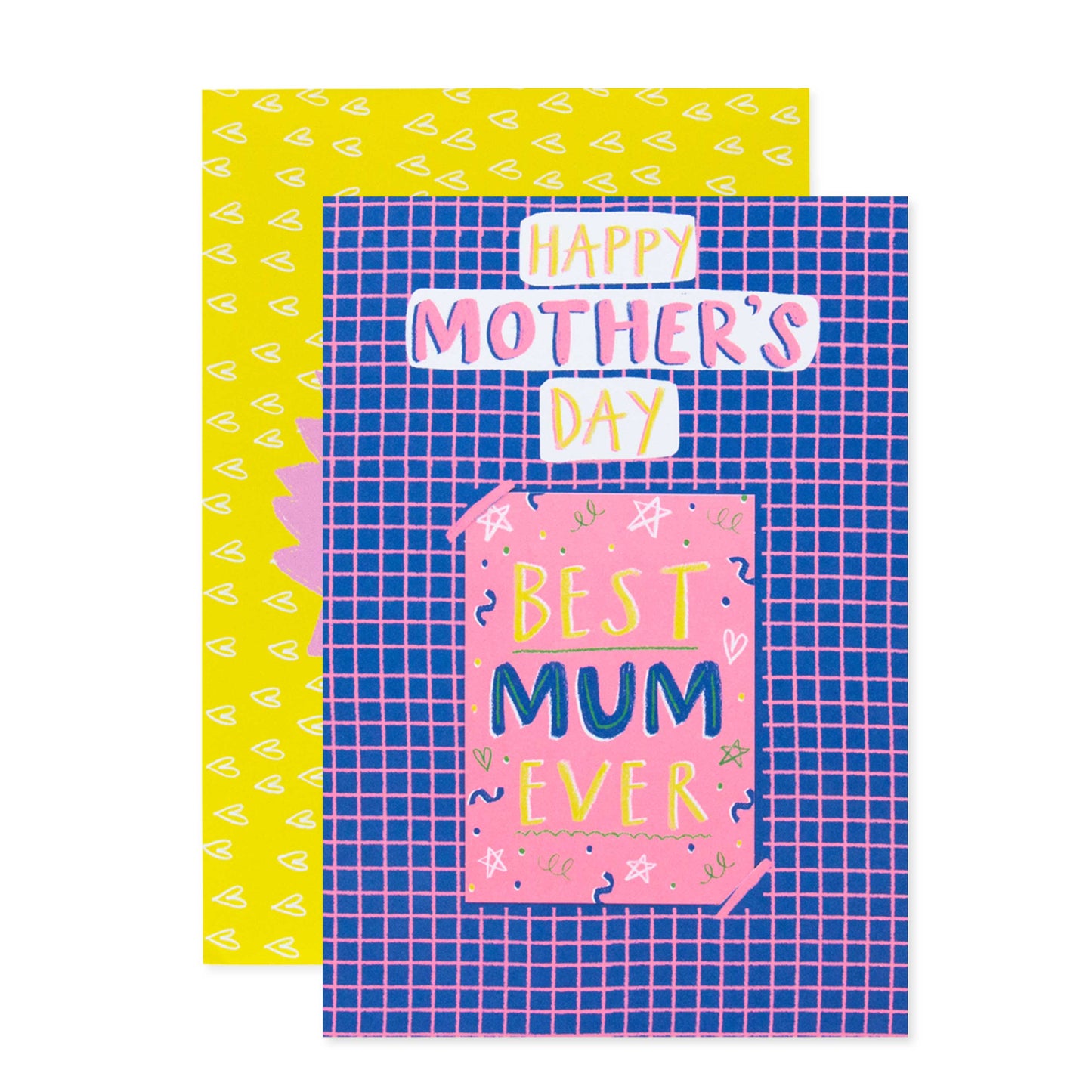 Hallmark Mother's Day Card - Best Mum Ever Activity Card with bright pink and blue cover, featuring a yellow patterned back.