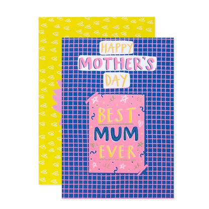 Hallmark Mother's Day Card - Best Mum Ever Activity Card with bright pink and blue cover, featuring a yellow patterned back.