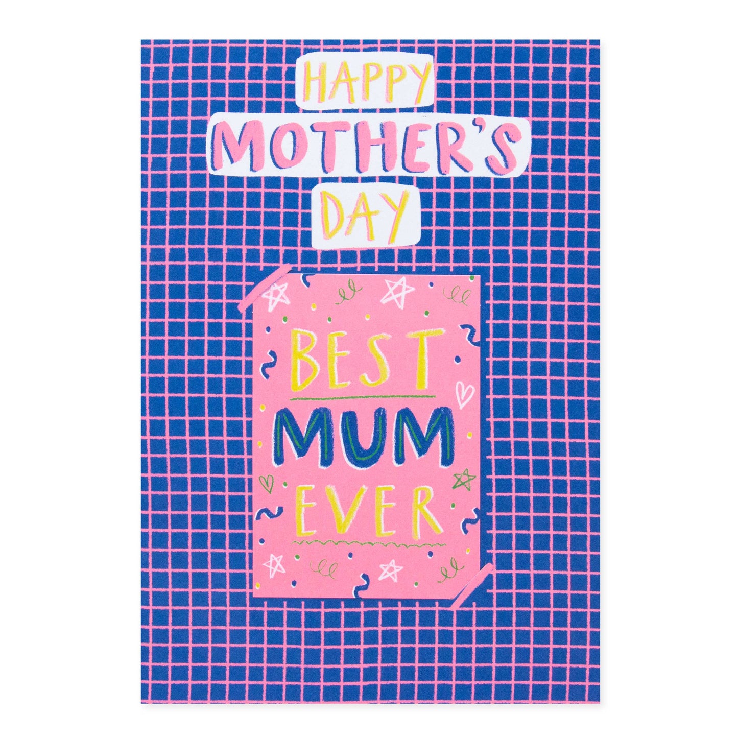 Hallmark Mother's Day Card - Best Mum Ever Activity Card featuring neon ink on a blue grid background with playful text design.