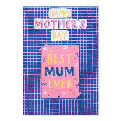 Hallmark Mother's Day Card - Best Mum Ever Activity Card featuring neon ink on a blue grid background with playful text design.