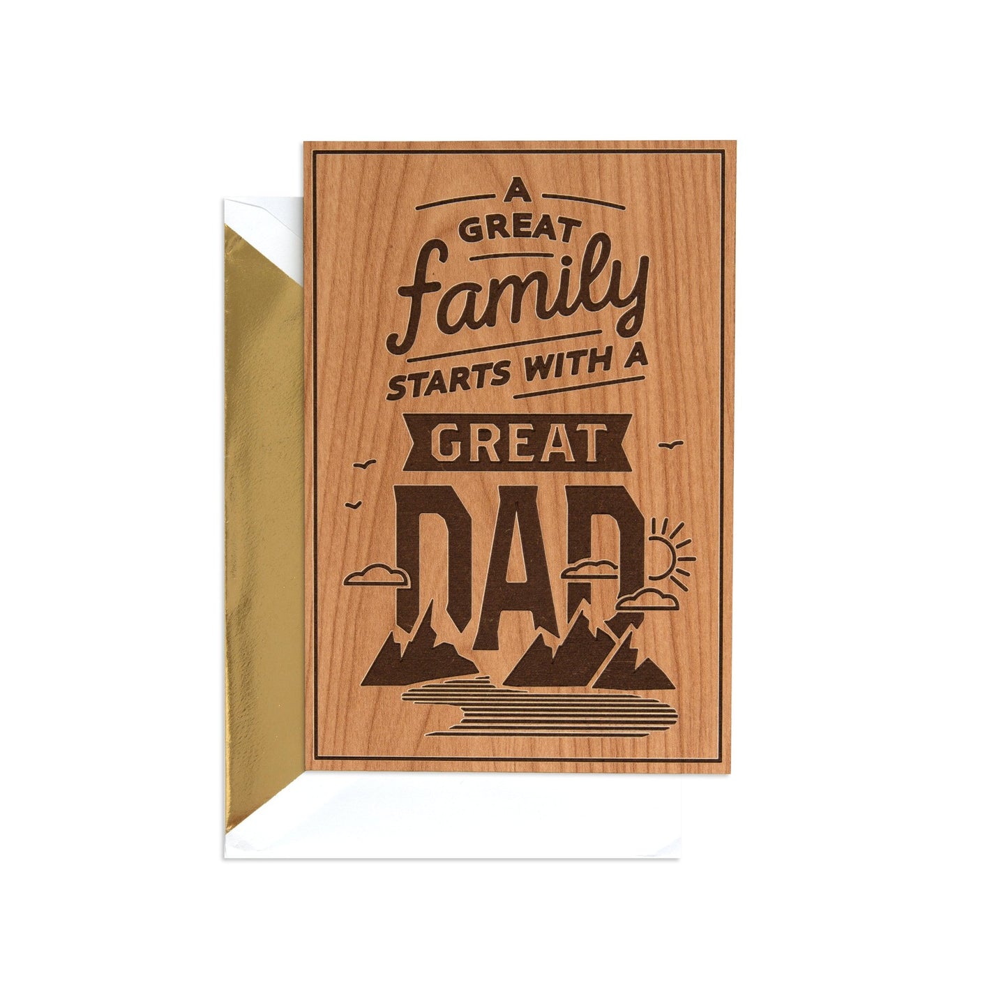 Hallmark Father's Day Card - Traditional "Great Family" with woodgrain design and gold envelope, flat lay view.