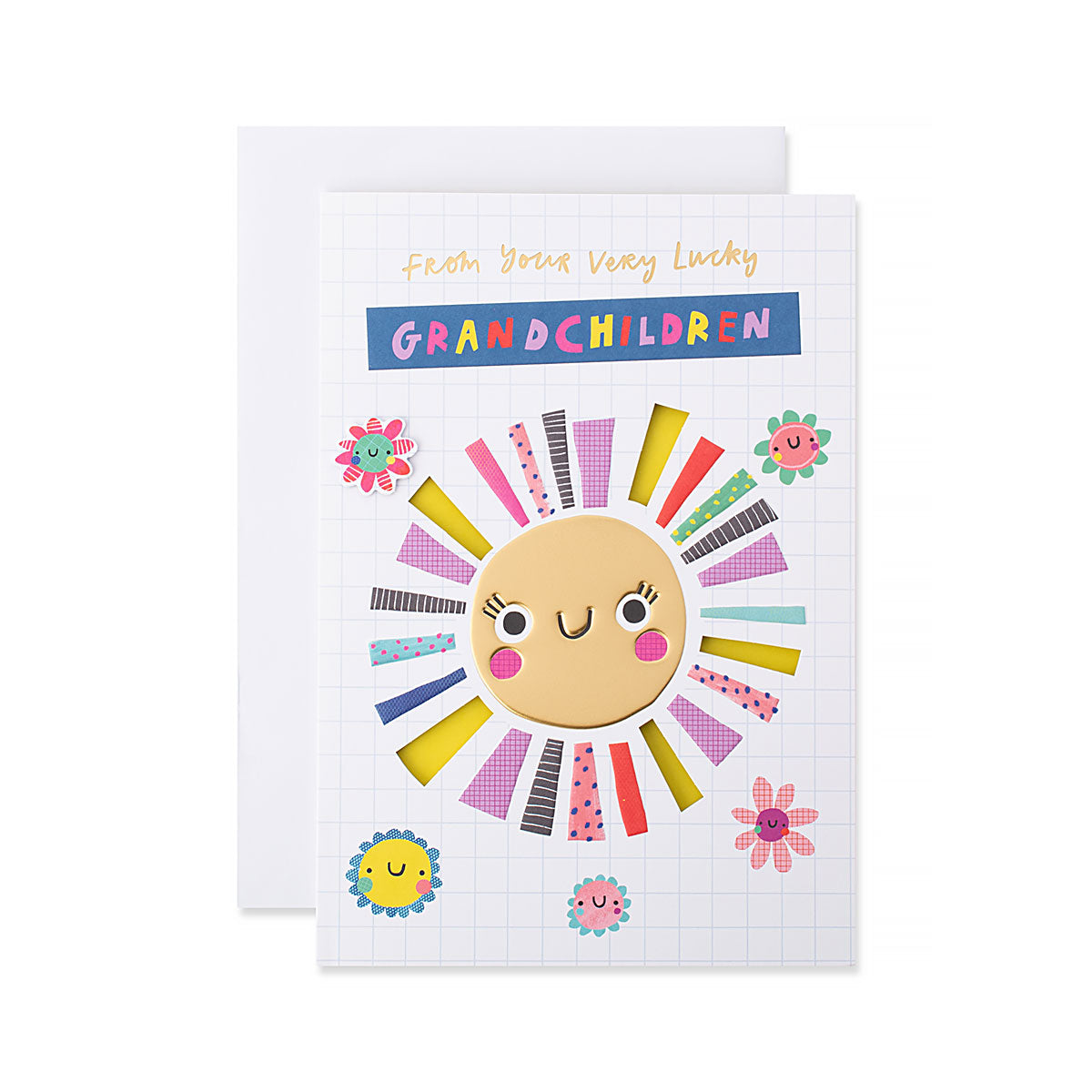 Hallmark Mother's Day Card - From Your Very Lucky Grandchildren, featuring a joyful sun, colourful cut-outs, and gold foil accents.