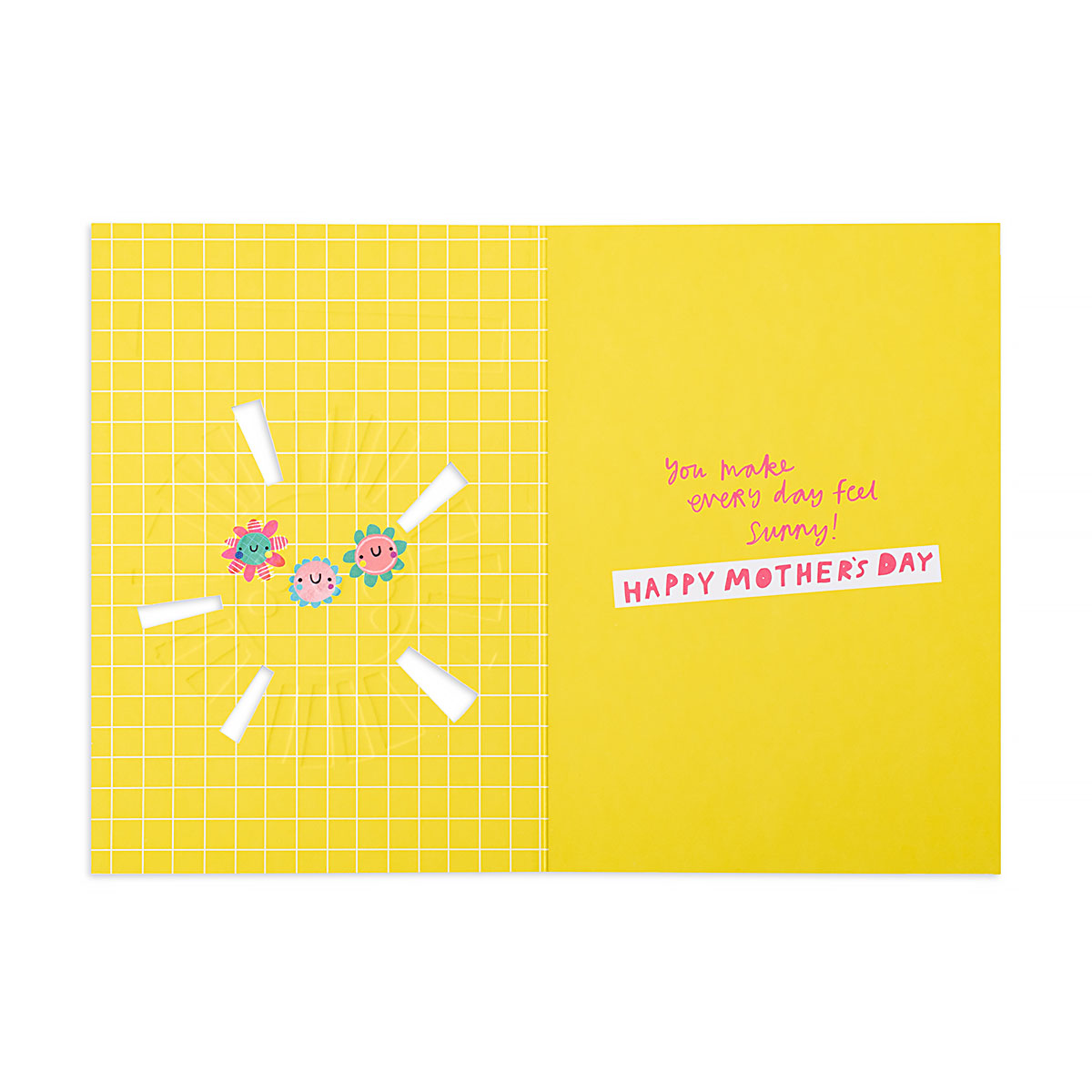 Hallmark Mother's Day Card - From Your Very Lucky Grandchildren, open view showcasing bright yellow design and cheerful illustrations.