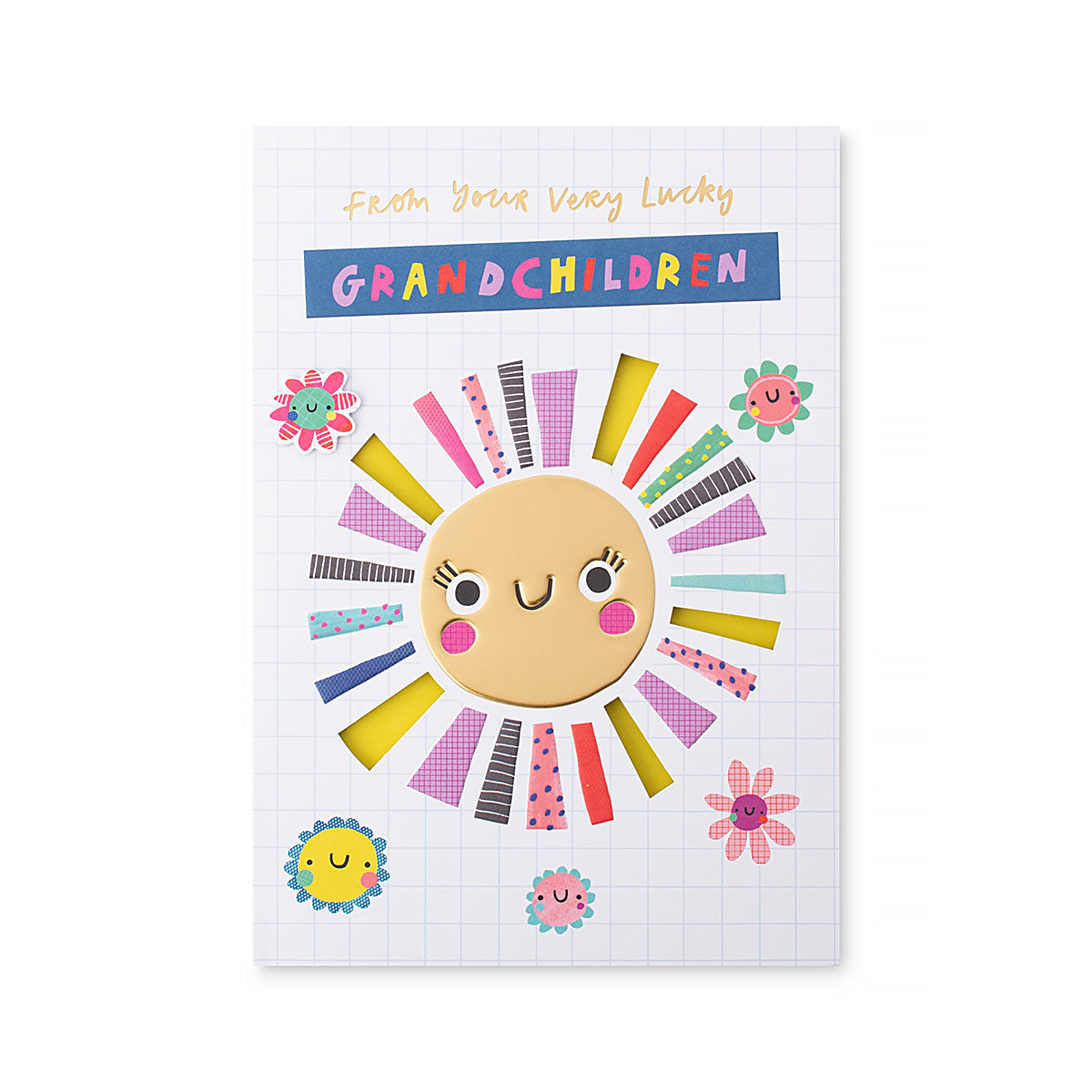 Hallmark Mother's Day Card - From Your Very Lucky Grandchildren featuring a smiling sun illustration and colourful cut-outs, flat lay view.