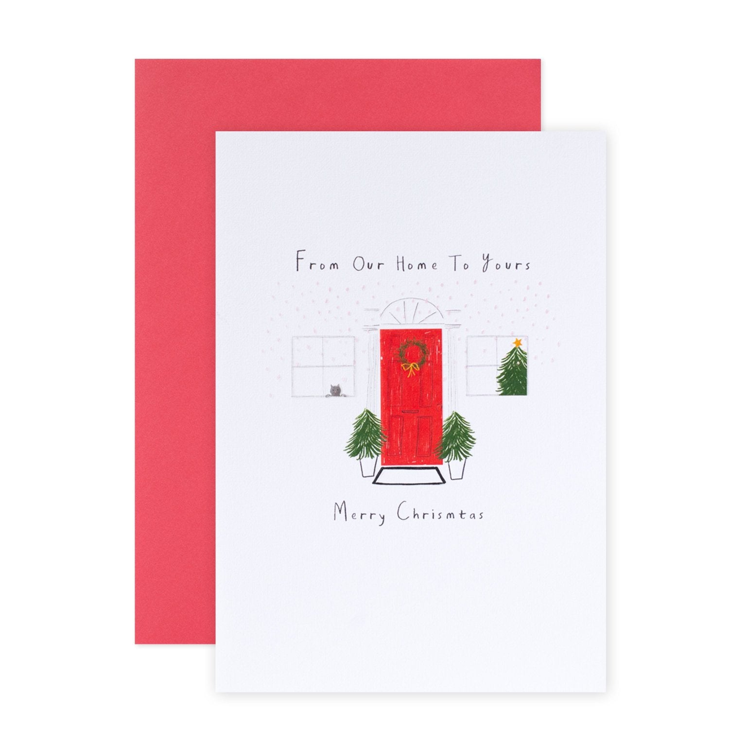 Hallmark Christmas Card - Our Home To Yours with a red door illustration, embossed wreath, and Christmas trees in windows.