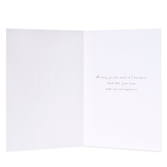 Hallmark Christmas Card - Our Home To Yours inside view featuring a heartfelt message and embossed design for a personal touch.