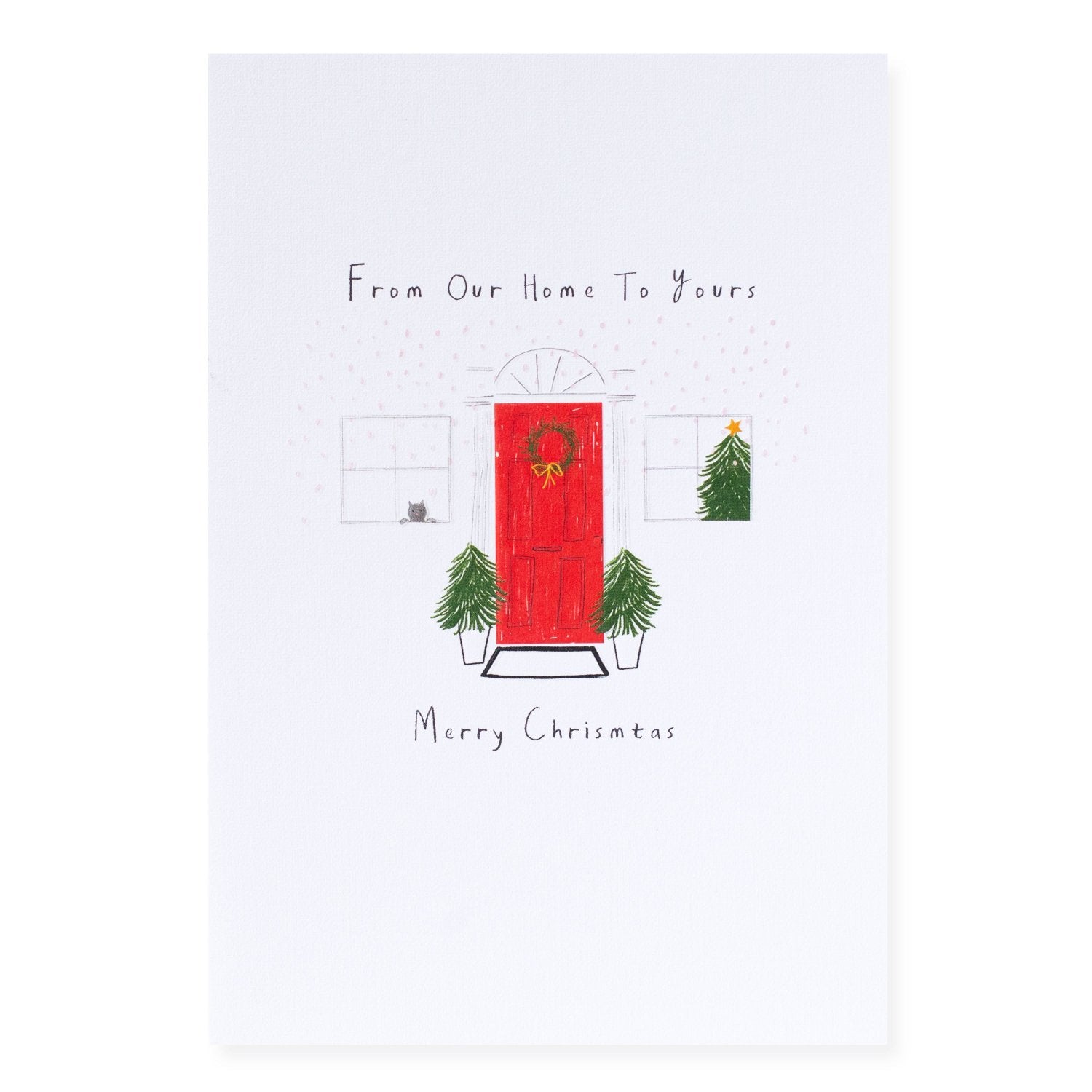 Hallmark Christmas Card - Our Home To Yours featuring a red door illustration, cat and Christmas trees, and festive message.