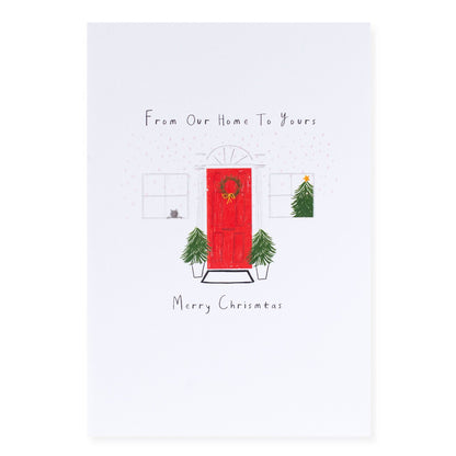 Hallmark Christmas Card - Our Home To Yours featuring a red door illustration, cat and Christmas trees, and festive message.