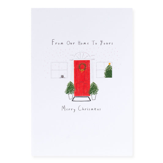 Hallmark Christmas Card - Our Home To Yours featuring a red door illustration, cat and Christmas trees, and festive message.